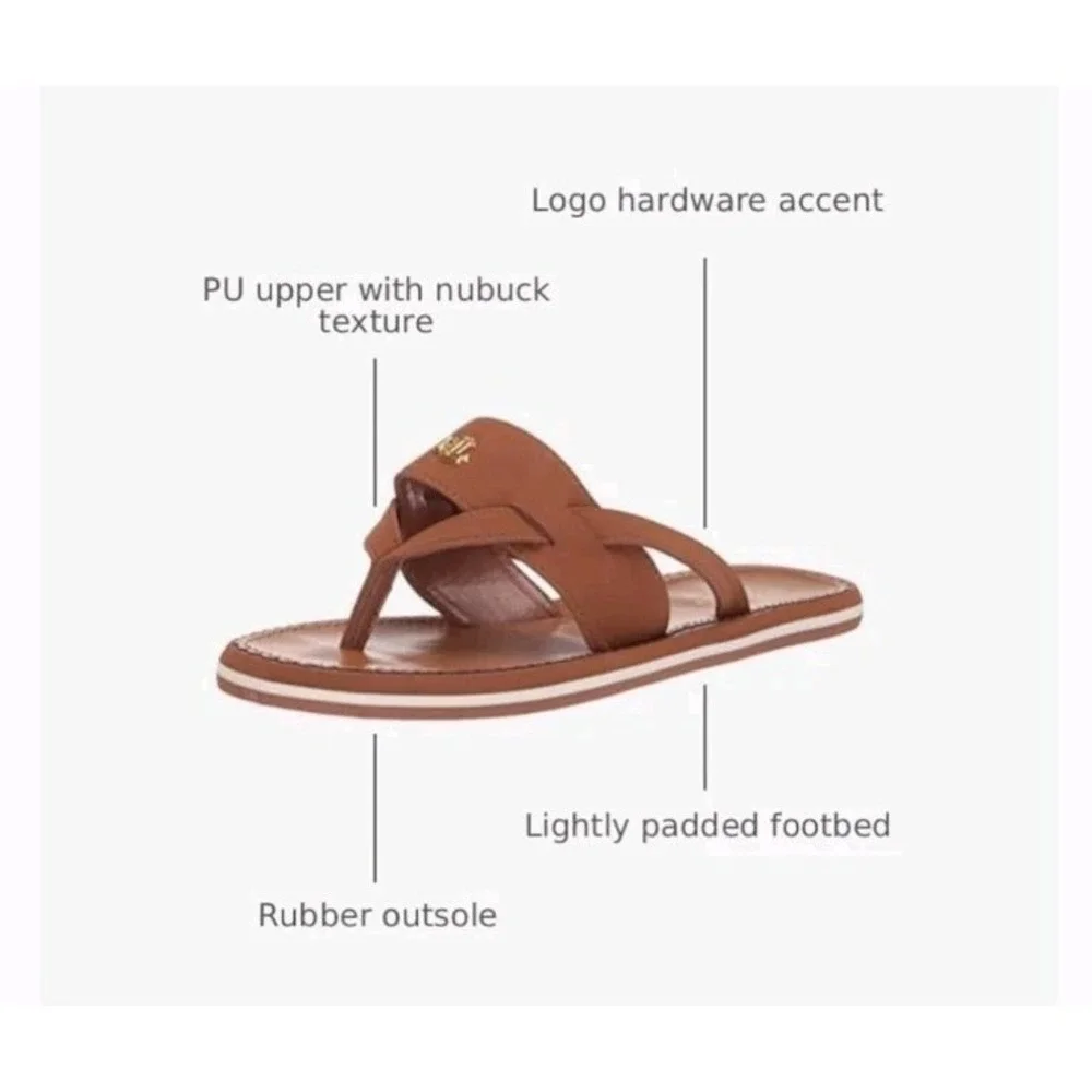 RALPH LAUREN Womens Size 9 Flat Sandal Roselind Tan Leather Shoes Gold Logo NEW